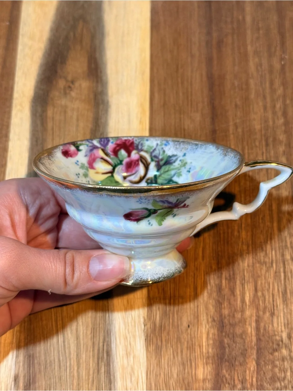 Vintage Floral Porcelain Tea Cup with Gold Trim - White Pink Green